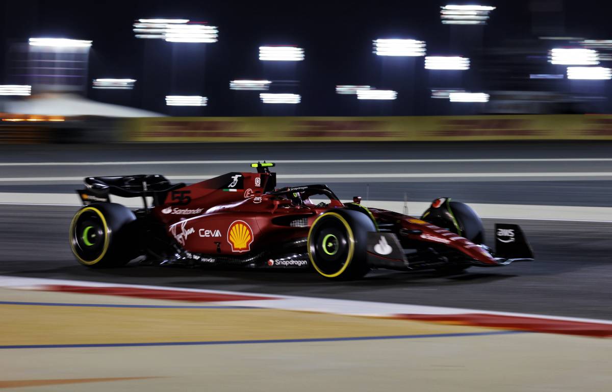 Carlos Sainz's Ferrari under the lights during testing. Bahrain March 2022.