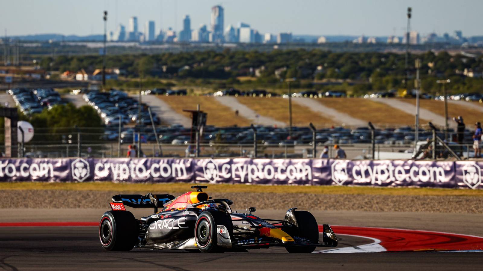 Max Verstappen in front of Austin skyline. Austin October 2022.