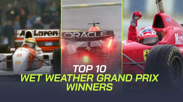Ayrton Senna, Michael Schumacher, and Max Verstappen feature in the top 10 wet-weather Grand Prix wins.