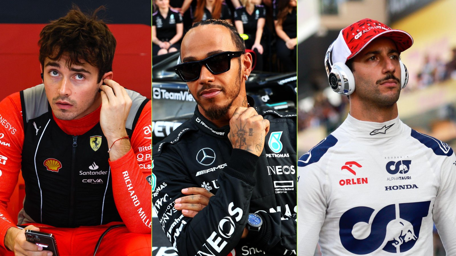 Charles Leclerc, Lewis Hamilton and Daniel Ricciardo