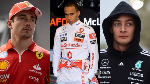 From left to right, Charles Leclerc, Lewis Hamilton and George Russell