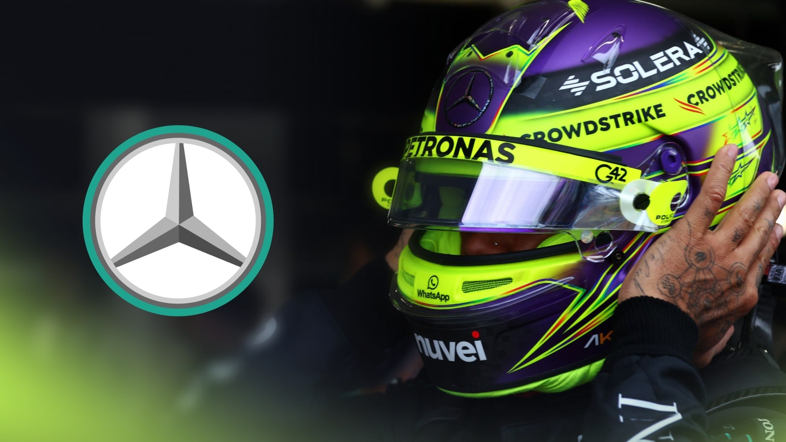 Lewis Hamilton fixes his helmet with a prominent Mercedes logo alongside him