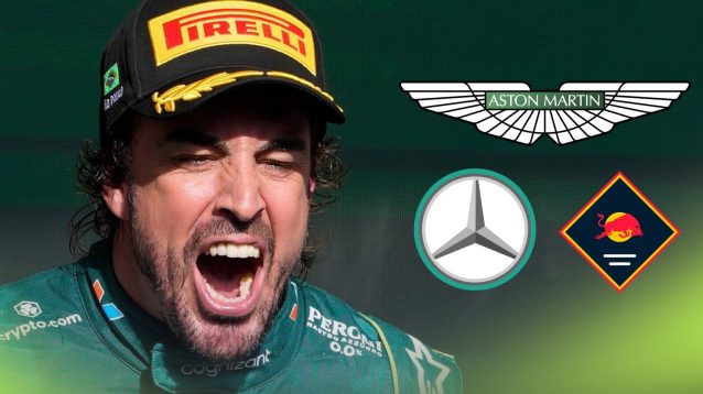 Fernando Alonso roars on the podium with prominent logos of Aston Martin, Mercedes and Red Bull alongside him