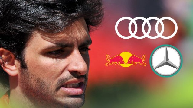 Carlos Sainz and the logos of Audi, Red Bull and Mercedes alongside him