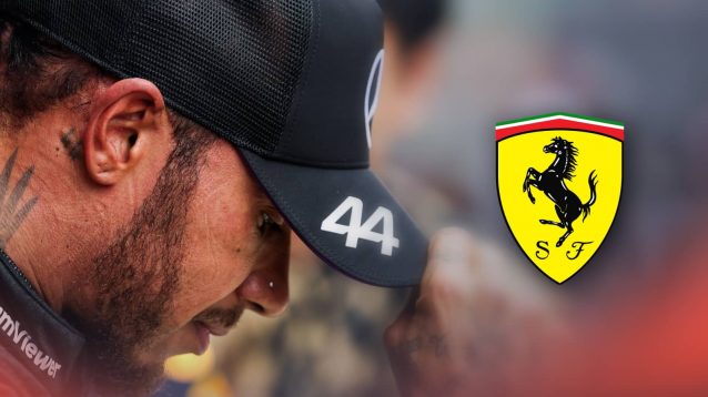 Lewis Hamilton lowers his head with a prominent Ferrari logo alongside him