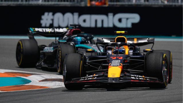George Russell chases Sergio Perez around the Miami circuit