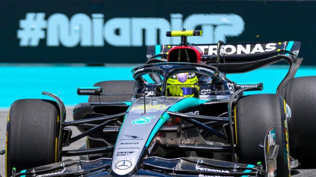 Lewis Hamilton laps the Miami circuit in the Mercedes W1