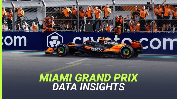 Lando Norris crosses the line to win in Miami