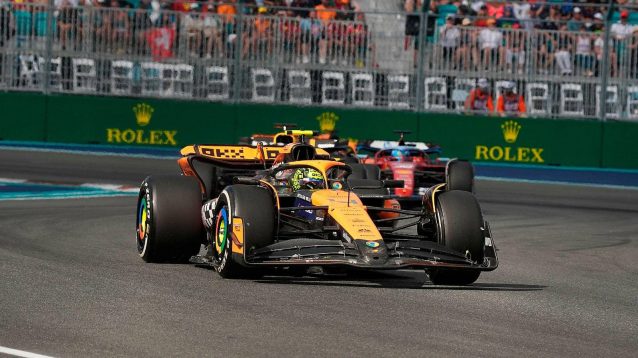 Lando Norris followed by Max Verstappen and Charles Leclerc at the 2024 Miami Grand Prix.