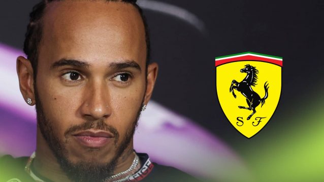 Lewis Hamilton faces questions in a press conference with a prominent Ferrari logo alongside him
