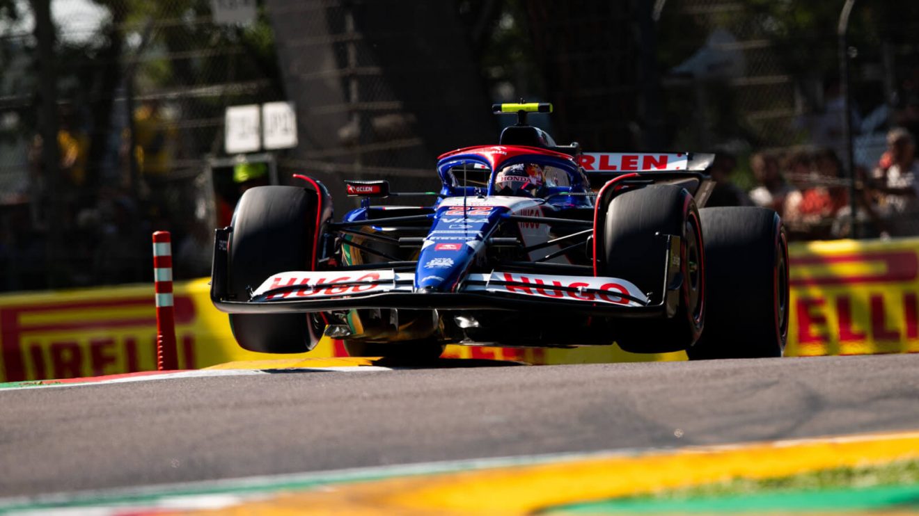 Yuki Tsunoda flies over the Imola kerbs