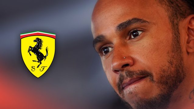 A close-up shot of Lewis Hamilton biting his lip with a prominent Ferrari logo alongside him