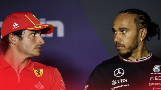 Carlos Sainz and Lewis Hamilton look each other in the eye in the press conference in Bahrain