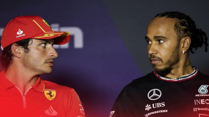 Carlos Sainz and Lewis Hamilton look each other in the eye in the press conference in Bahrain