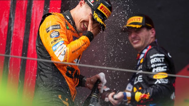 Lando Norris and Max Verstappen during the podium celebrations at Imola