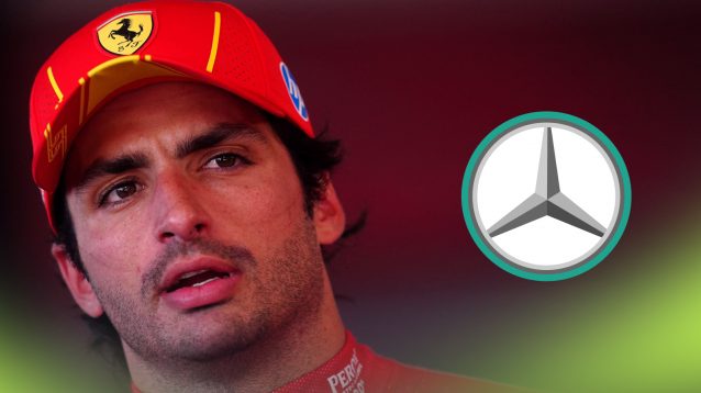 Carlos Sainz looks frustrated with a prominent Mercedes logo alongside him