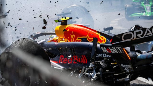 The scene as Kevin Magnussen sends Sergio Perez into a crash at the 2024 Monaco Grand Prix.