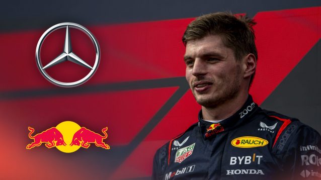 Red Bull driver Max Verstappen next to Red Bull and Mercedes badges.