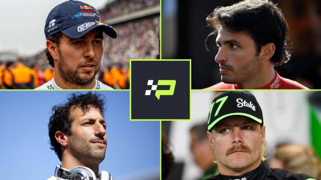 A four-image collage featuring Sergio Perez, Carlos Sainz, Daniel Ricciardo and Valtteri Bottas with the PlanetF1.com logo in the middle