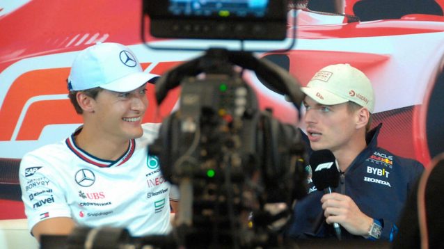 George Russell and Max Verstappen in a press conference