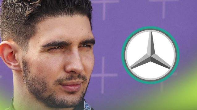 A close-up shot of Esteban Ocon looking into the distance with a prominent Mercedes logo alongside him