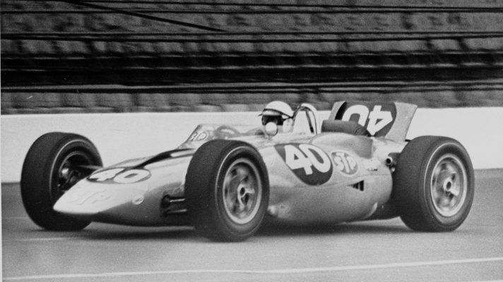 Driver Parnelli Jones, driving the revolutionary turbine car, takes practice spin with rear flap up as a help in braking, races around on May 19, 1967 at Indianapolis Motor Speedway Indianapolis, Indiana