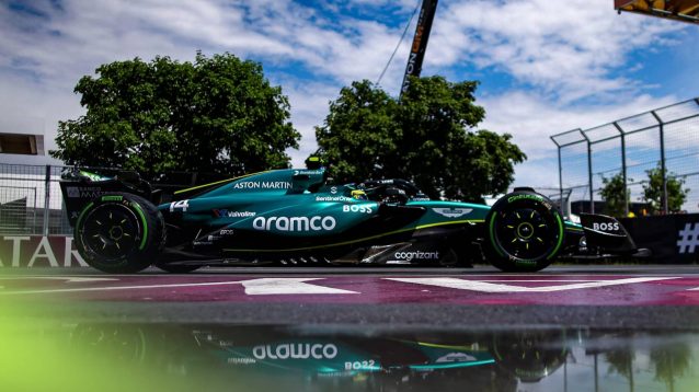 Aston Martin driver Fernando Alonso in action in practice in Canada