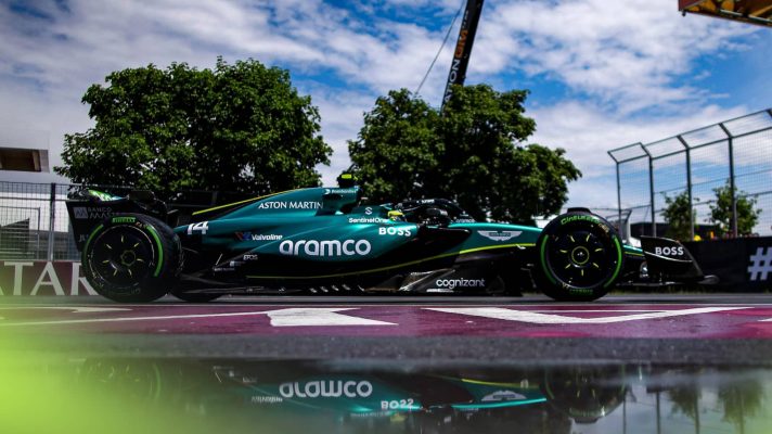 Aston Martin driver Fernando Alonso in action in practice in Canada