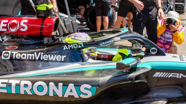 Lewis Hamilton leaves the garage in the Mercedes W15 at the 2024 Chinese Grand Prix.