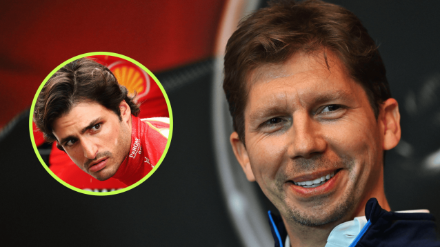 James Vowles smiles in a press conference with an inset of Carlos Sainz looking concerned