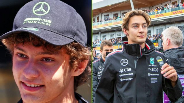 Mercedes' junior Kimi Antonelli and 2024 F1 race driver George Russell.