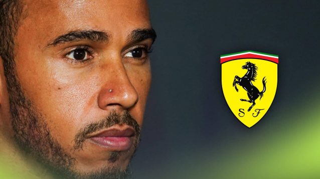 A close-up shot of Lewis Hamilton with a prominent Ferrari logo alongside him