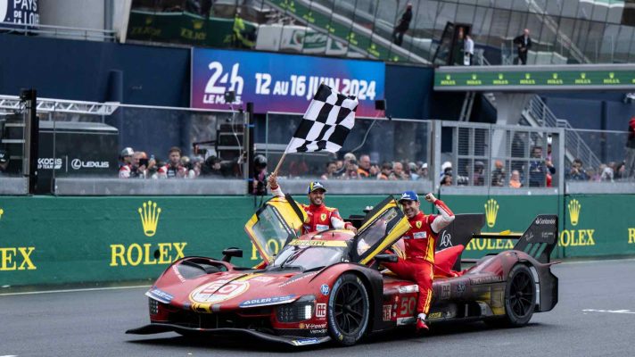 Ferrari drivers ride to victory circle after the 2024 24 Hours of Le Mans
