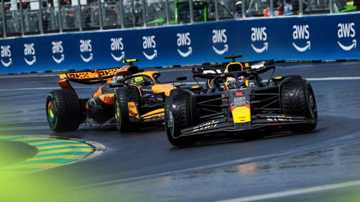 Max Verstappen leads Lando Norris in the wet in Canada