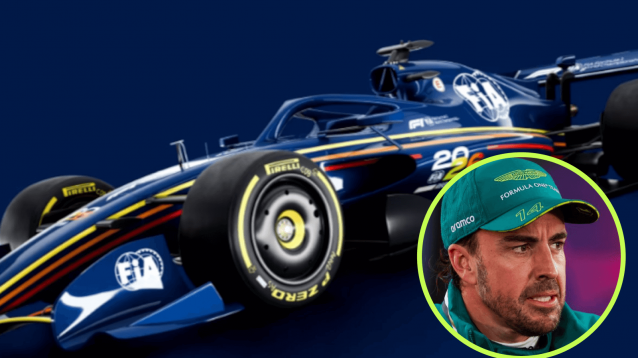 Fernando Alonso and a mock-up of a F1 2026 car