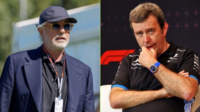 Flavio Briatore arrives at the circuit while Bruno Famin answers questions in a press conference