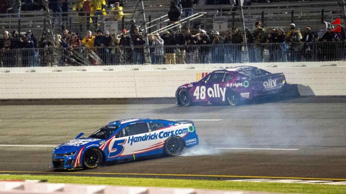 NASCAR Cup Series drivers Kyle Larson and Alex Bowman spin while avoiding contact at Richmond Raceway, 2024.