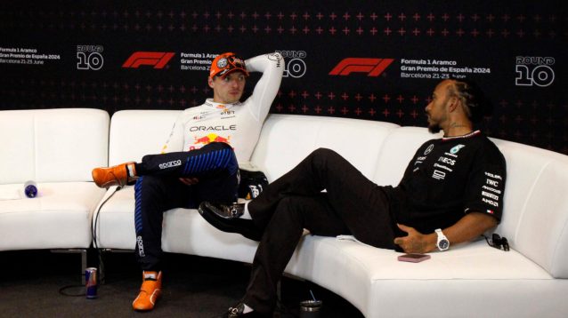 Lewis Hamilton and Max Verstappen on the press conference couch