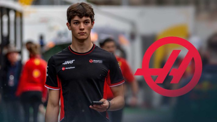 Oliver Bearman alongside the Haas logo.