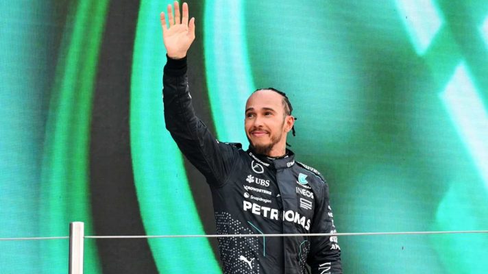 Lewis Hamilton celebrates his podium at the 2024 Spanish Grand Prix