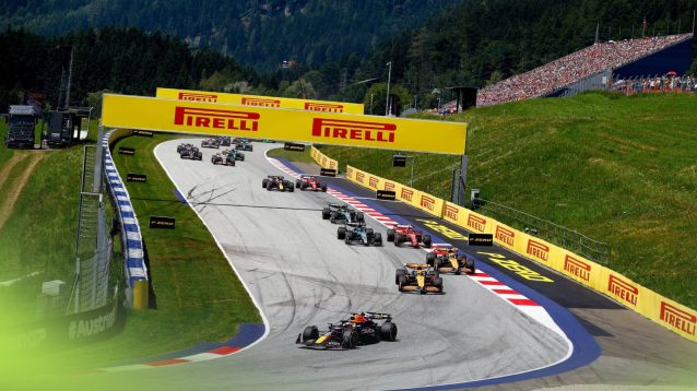 Max Verstappen leads the field into Turn 4 at the start of the Austrian Grand Prix sprint