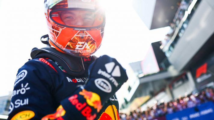 Max Verstappen of Red Bull Racing celebrates pole at the 2024 Austrian Grand Prix