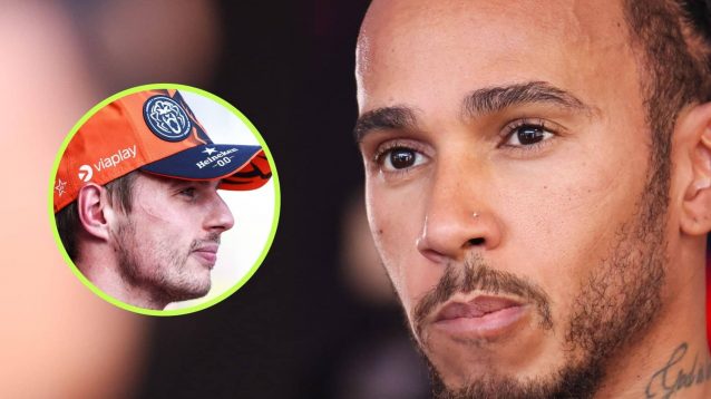 Lewis Hamilton looks concerned alongside an image of Max Verstappen smiling