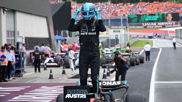 George Russell celebrates winning the Austrian GP