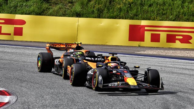 Red Bull's Max Verstappen and McLaren's Lando Norris following their collision in the 2024 Austrian Grand Prix.