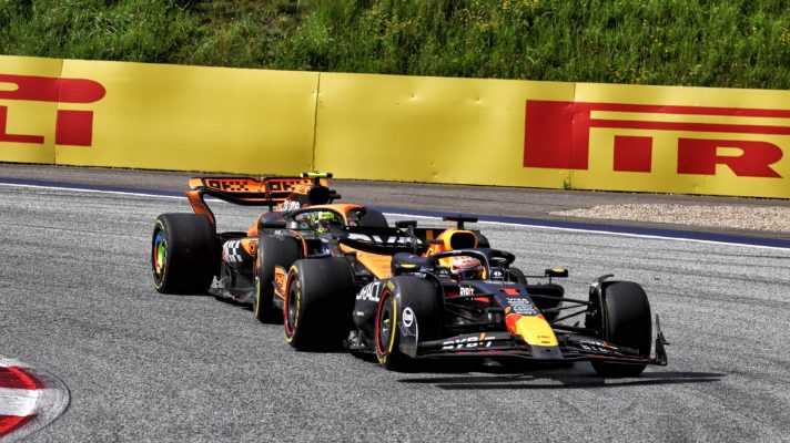 Red Bull's Max Verstappen and McLaren's Lando Norris following their collision in the 2024 Austrian Grand Prix.