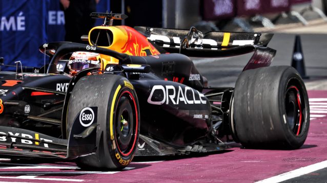 Max Verstappen limps back to the pits with a rear left puncture