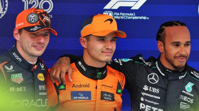 Max Verstappen, Lando Norris and Lewis Hamilton pose for the cameras in Barcelona