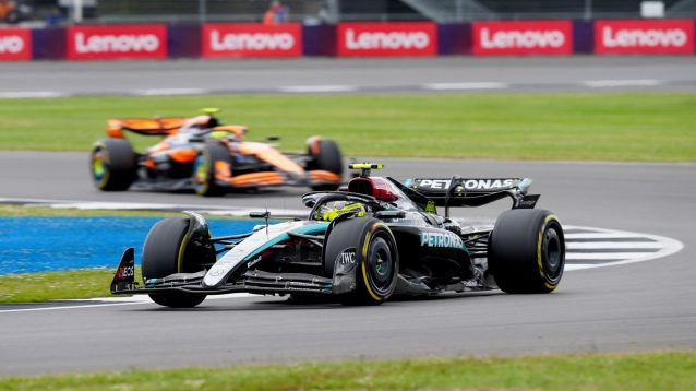 Lewis Hamilton ahead of Lando Norris during the British Grand Prix.