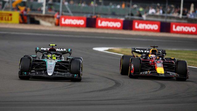 Lewis Hamilton, Mercedes, and Max Verstappen, Red Bull, during the 2024 British Grand Prix.